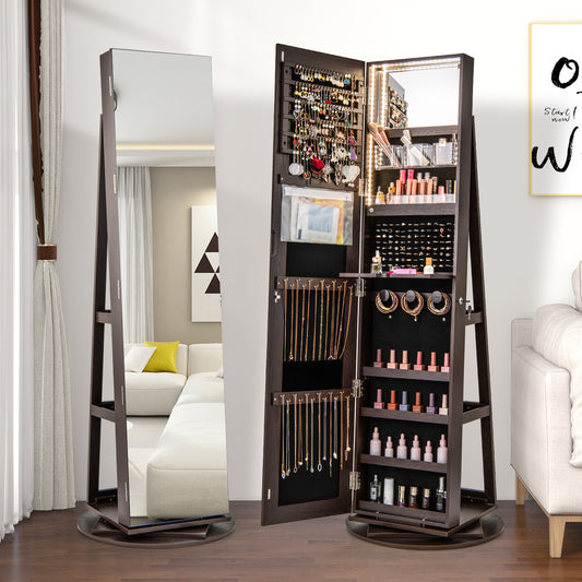 360° Rotating Jewelry Armoire with LED Mirror and Lockable Storage – Espresso