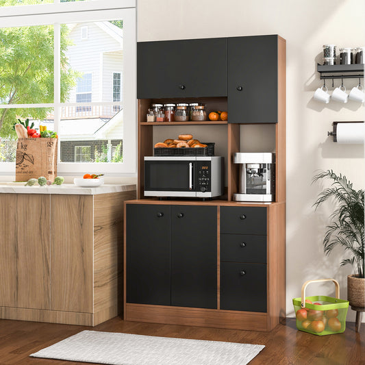 Tall Kitchen Pantry Cabinet with 3 Storage Cabinets 3 Drawers Adjustable Shelves and Countertop - Walnut
