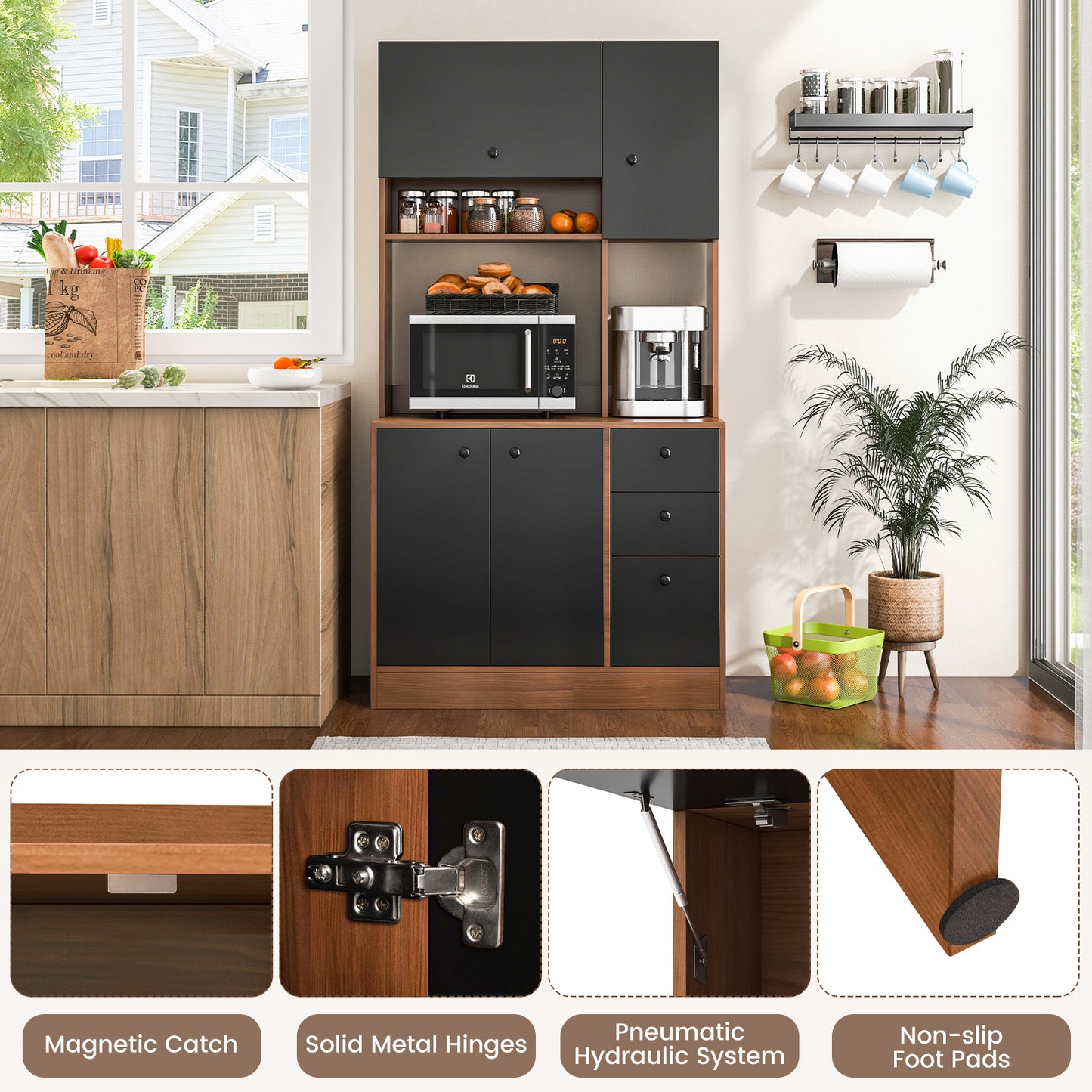Tall Kitchen Pantry Cabinet with 3 Storage Cabinets 3 Drawers Adjustable Shelves and Countertop - Walnut