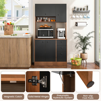 Tall Kitchen Pantry Cabinet with 3 Storage Cabinets 3 Drawers Adjustable Shelves and Countertop - Walnut