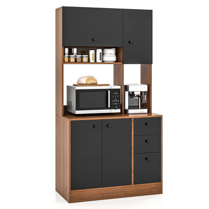 Tall Kitchen Pantry Cabinet with 3 Storage Cabinets 3 Drawers Adjustable Shelves and Countertop - Walnut