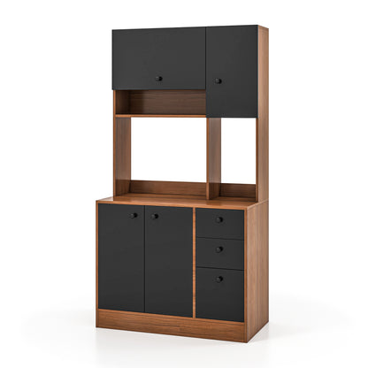 Tall Kitchen Pantry Cabinet with 3 Storage Cabinets 3 Drawers Adjustable Shelves and Countertop - Walnut