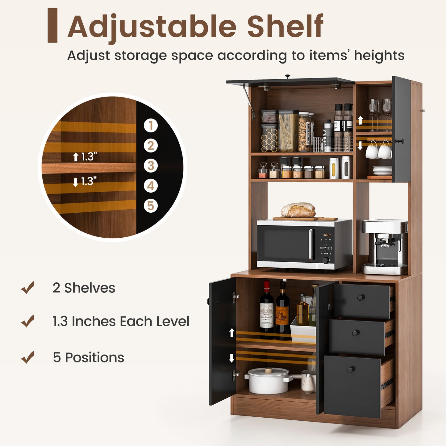 Tall Kitchen Pantry Cabinet with 3 Storage Cabinets 3 Drawers Adjustable Shelves and Countertop - Walnut