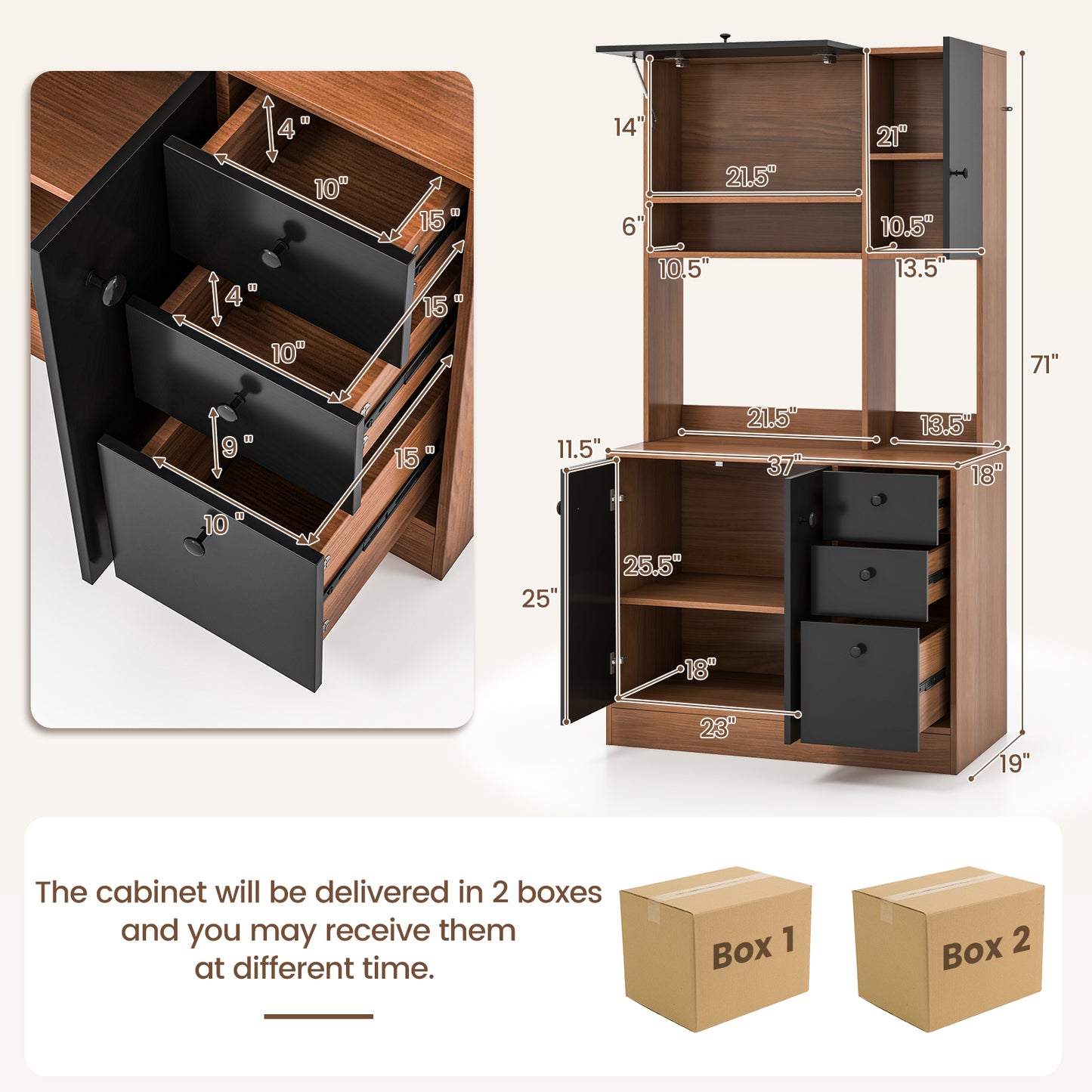 Tall Kitchen Pantry Cabinet with 3 Storage Cabinets 3 Drawers Adjustable Shelves and Countertop - Walnut