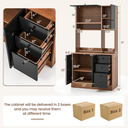 Tall Kitchen Pantry Cabinet with 3 Storage Cabinets 3 Drawers Adjustable Shelves and Countertop - Walnut