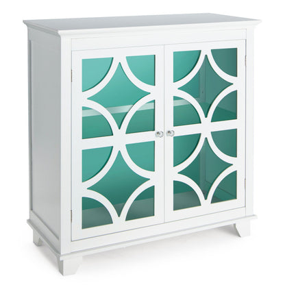 Modern Buffet Cabinet with Glass Doors and Adjustable Storage Shelf - White & Green