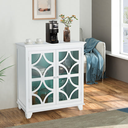 Modern Buffet Cabinet with Glass Doors and Adjustable Storage Shelf - White & Green