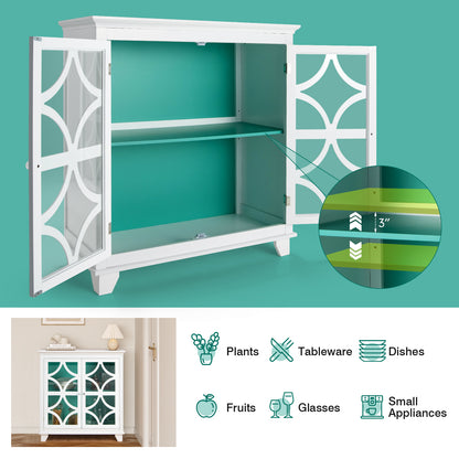 Modern Buffet Cabinet with Glass Doors and Adjustable Storage Shelf - White & Green