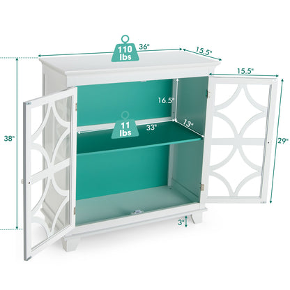 Modern Buffet Cabinet with Glass Doors and Adjustable Storage Shelf - White & Green