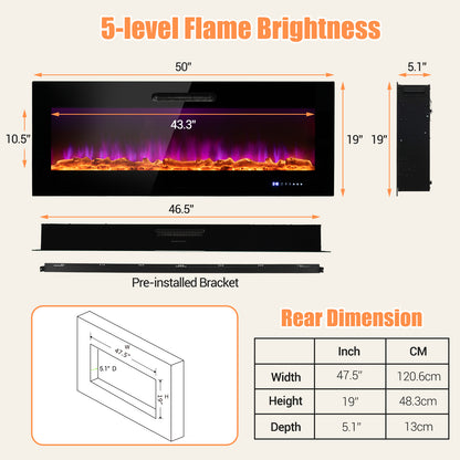 50/60 Inch Wall Mounted Electric Fireplace with Decorative Crystal & Log Options