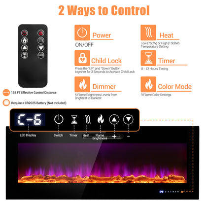 50/60 Inch Wall Mounted Electric Fireplace with Decorative Crystal & Log Options