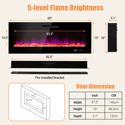 50/60 Inch Wall Mounted Electric Fireplace with Decorative Crystal & Log Options