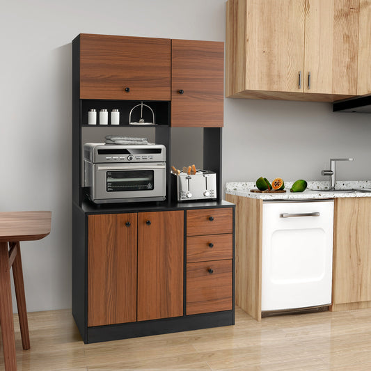 Tall Kitchen Pantry Cabinet with 3 Storage Cabinets 3 Drawers Adjustable Shelves and Countertop - Black