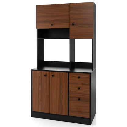 Tall Kitchen Pantry Cabinet with 3 Storage Cabinets 3 Drawers Adjustable Shelves and Countertop - Black