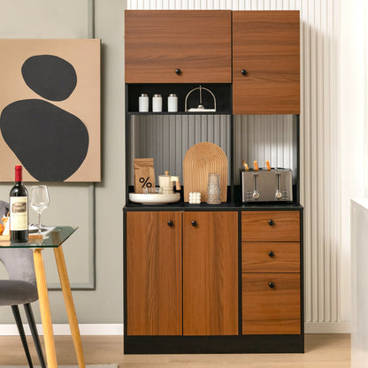 Tall Kitchen Pantry Cabinet with 3 Storage Cabinets 3 Drawers Adjustable Shelves and Countertop - Black