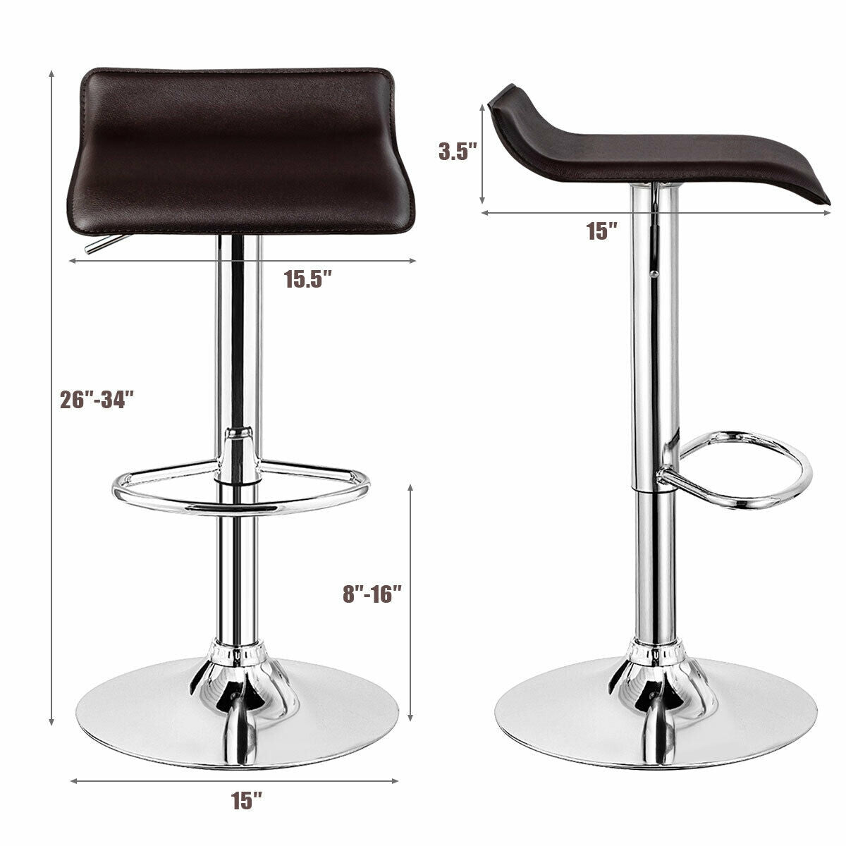 Set of 2 Adjustable Backless Bar Stools with PU Leather Seats and Chrome Steel Base in Brown