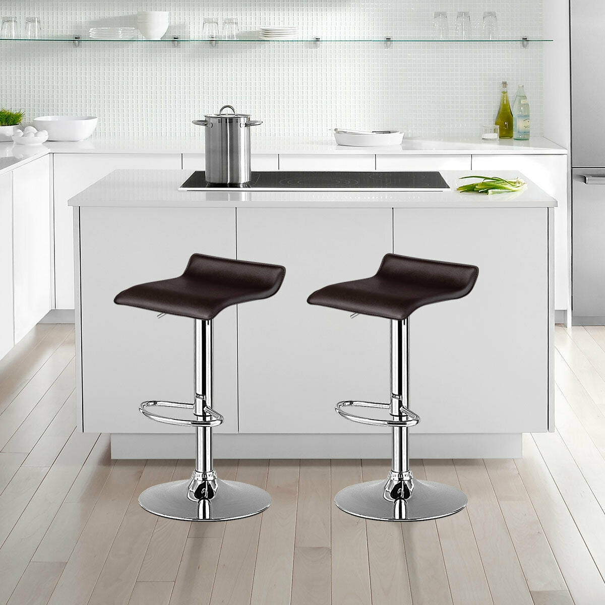 Set of 2 Adjustable Backless Bar Stools with PU Leather Seats and Chrome Steel Base in Brown