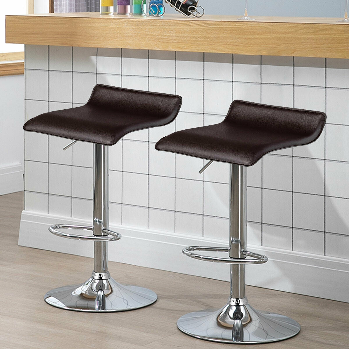 Set of 2 Adjustable Backless Bar Stools with PU Leather Seats and Chrome Steel Base in Brown