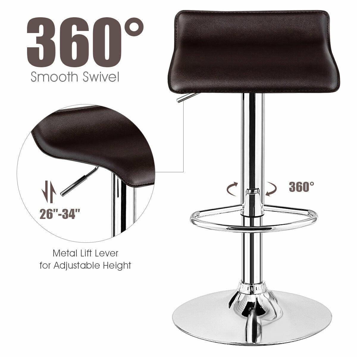 Set of 2 Adjustable Backless Bar Stools with PU Leather Seats and Chrome Steel Base in Brown