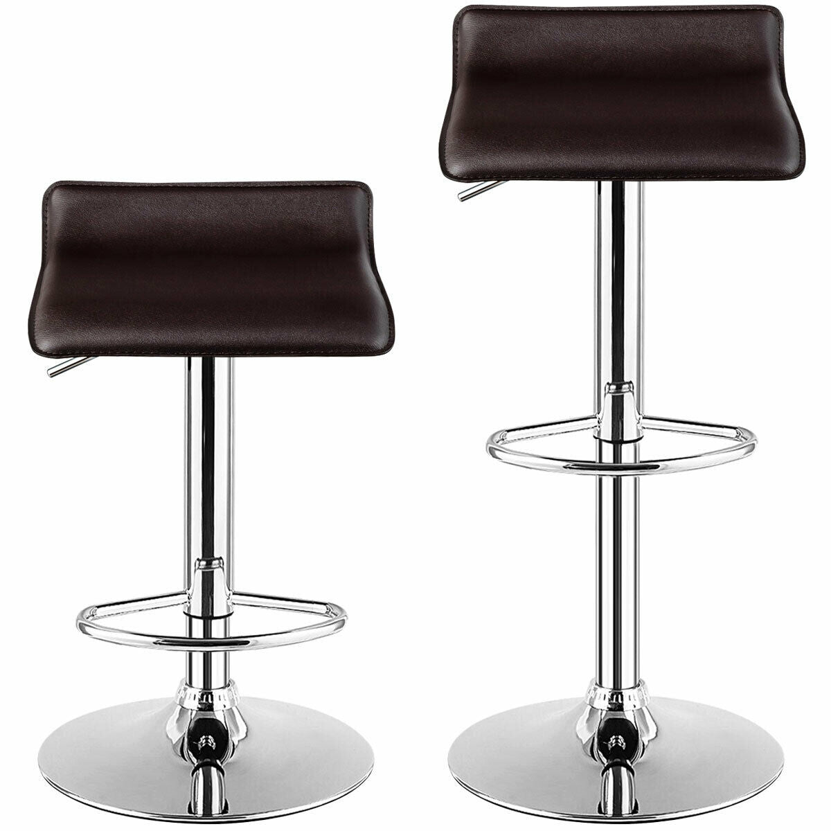 Set of 2 Adjustable Backless Bar Stools with PU Leather Seats and Chrome Steel Base in Brown