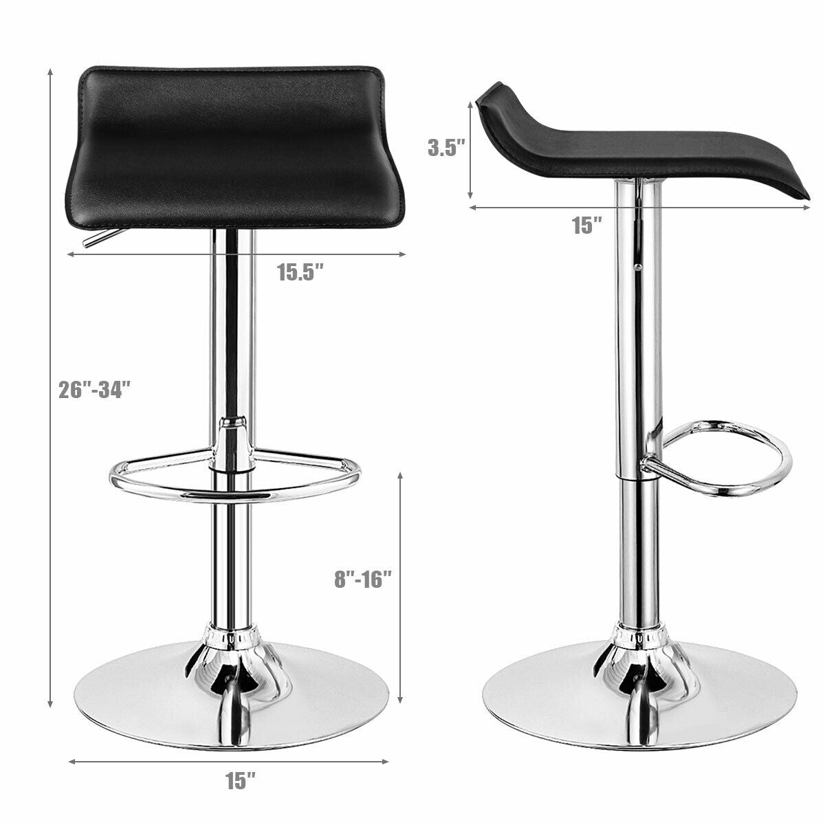 Set of 2 Adjustable Backless Bar Stools with PU Leather Seats and Chrome Steel Base in Black