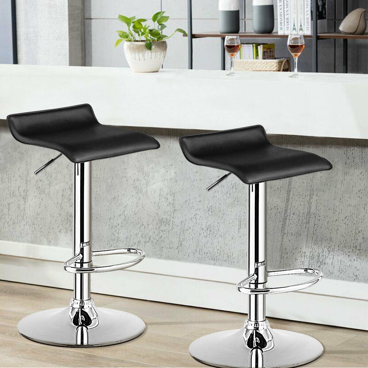 Set of 2 Adjustable Backless Bar Stools with PU Leather Seats and Chrome Steel Base in Black