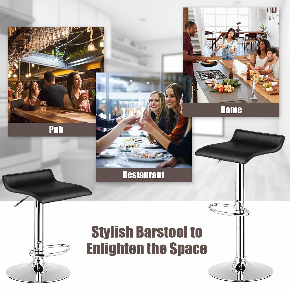Set of 2 Adjustable Backless Bar Stools with PU Leather Seats and Chrome Steel Base in Black