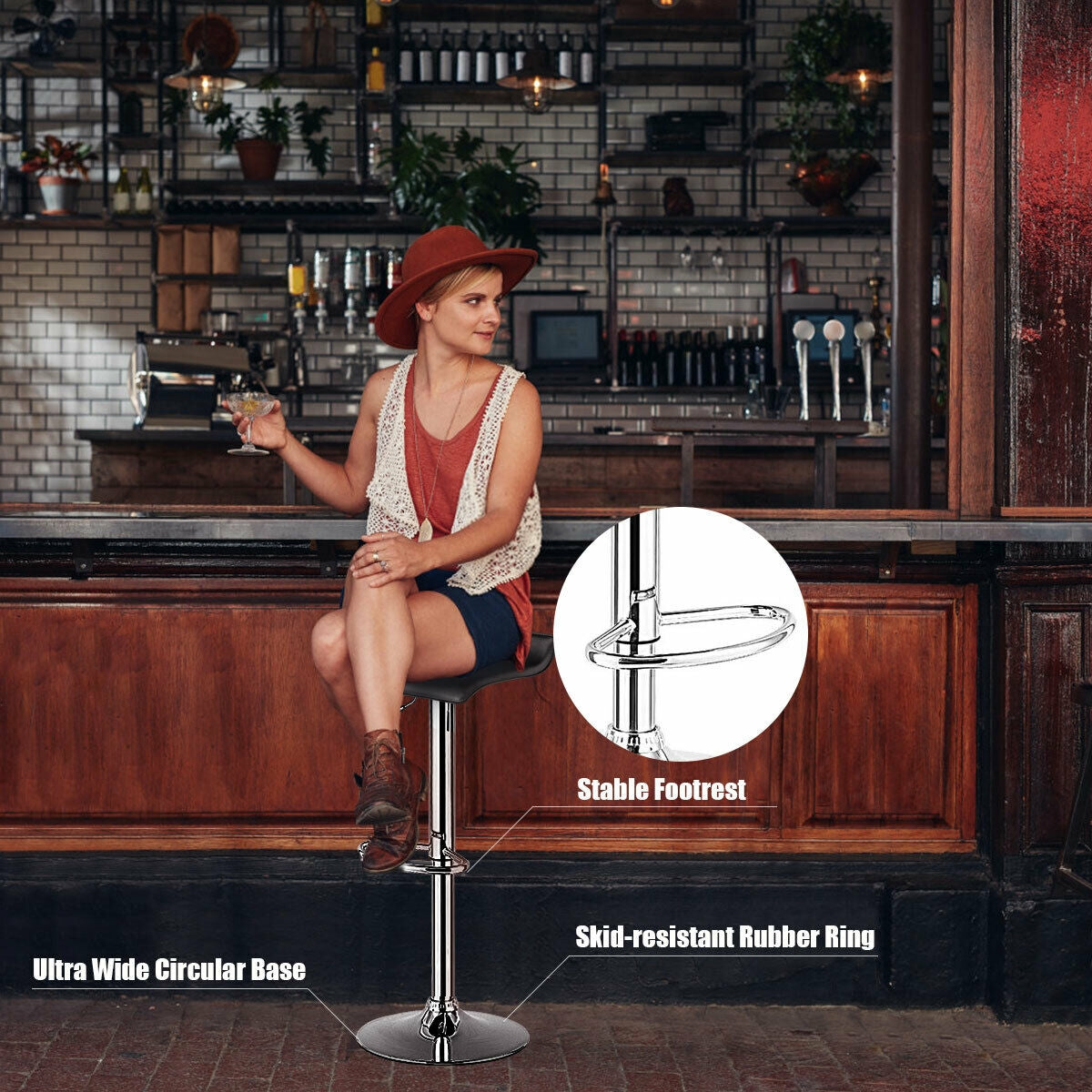 Set of 2 Adjustable Backless Bar Stools with PU Leather Seats and Chrome Steel Base in Black