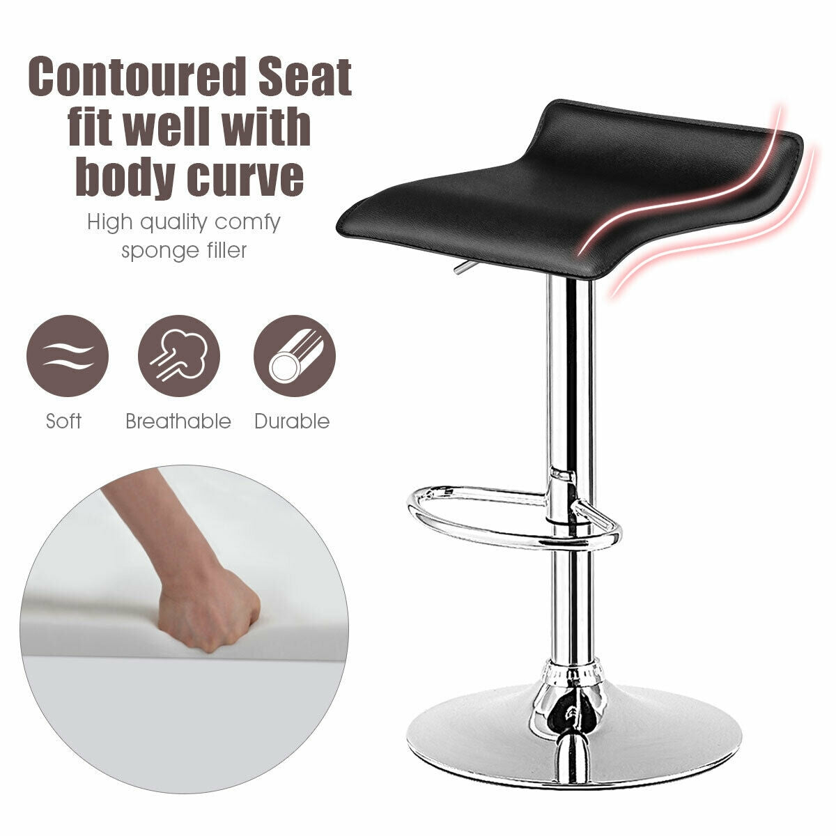 Set of 2 Adjustable Backless Bar Stools with PU Leather Seats and Chrome Steel Base in Black