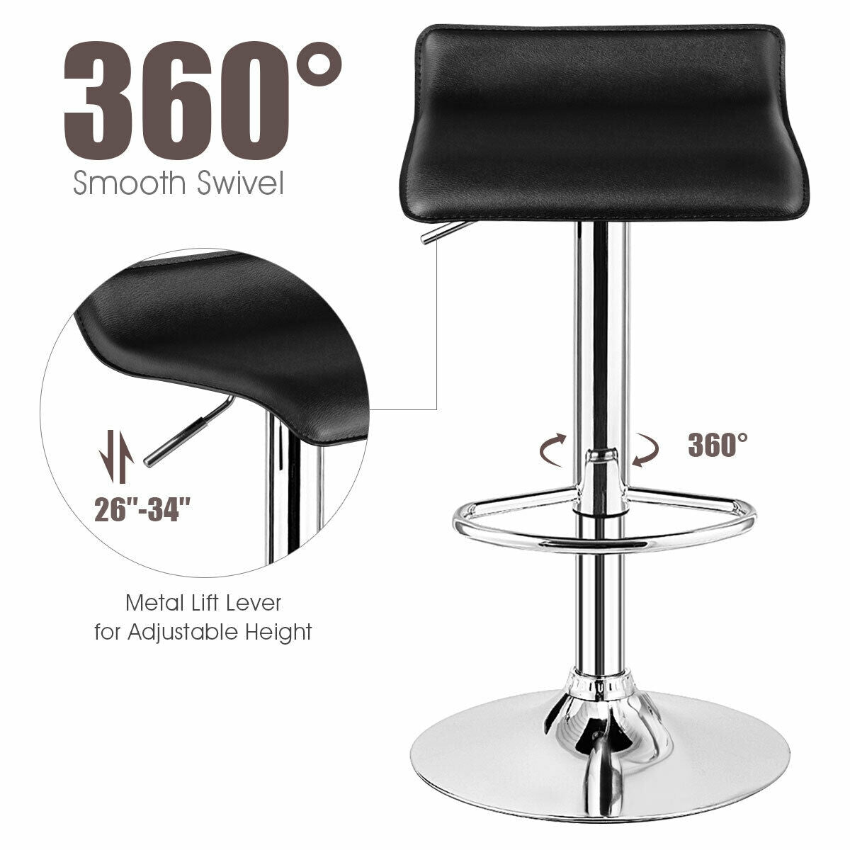 Set of 2 Adjustable Backless Bar Stools with PU Leather Seats and Chrome Steel Base in Black
