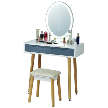 Touch Screen Vanity Makeup Table Set with 3-Color Dimmable LED Mirror and Cushioned Stool – Grey