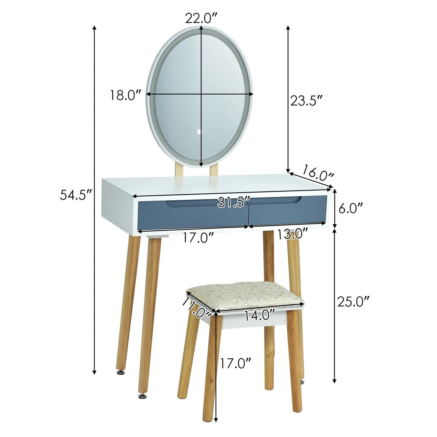 Touch Screen Vanity Makeup Table Set with 3-Color Dimmable LED Mirror and Cushioned Stool – Grey