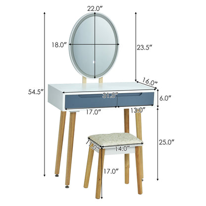 Touch Screen Vanity Makeup Table Set with 3-Color Dimmable LED Mirror and Cushioned Stool – Grey