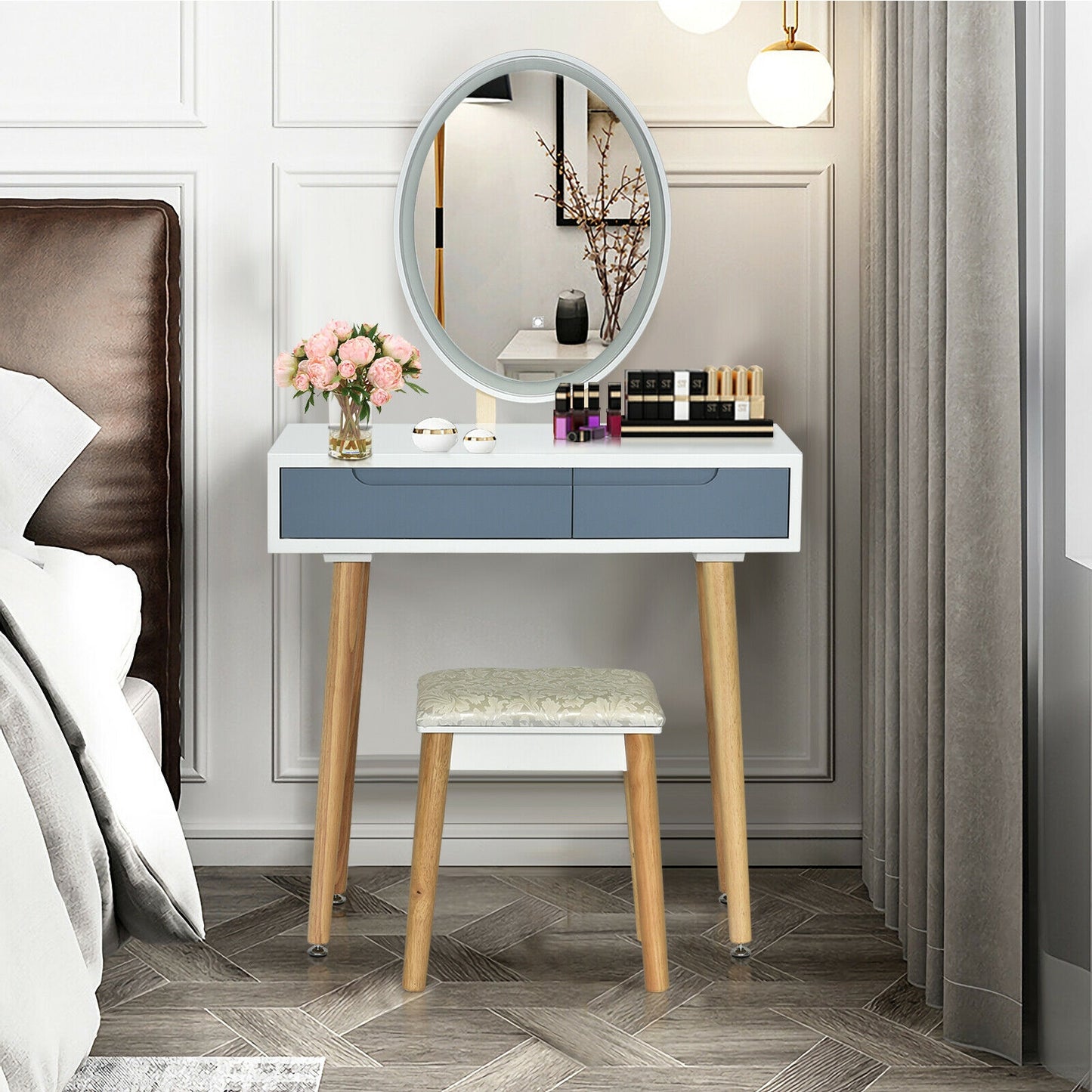 Touch Screen Vanity Makeup Table Set with 3-Color Dimmable LED Mirror and Cushioned Stool – Grey