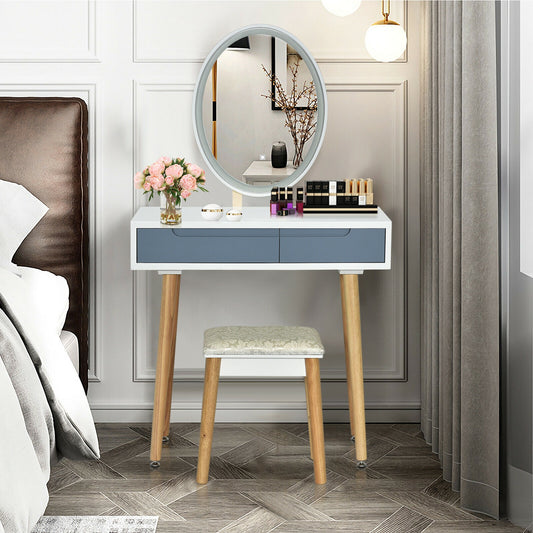 Touch Screen Vanity Makeup Table Set with 3-Color Dimmable LED Mirror and Cushioned Stool – Grey