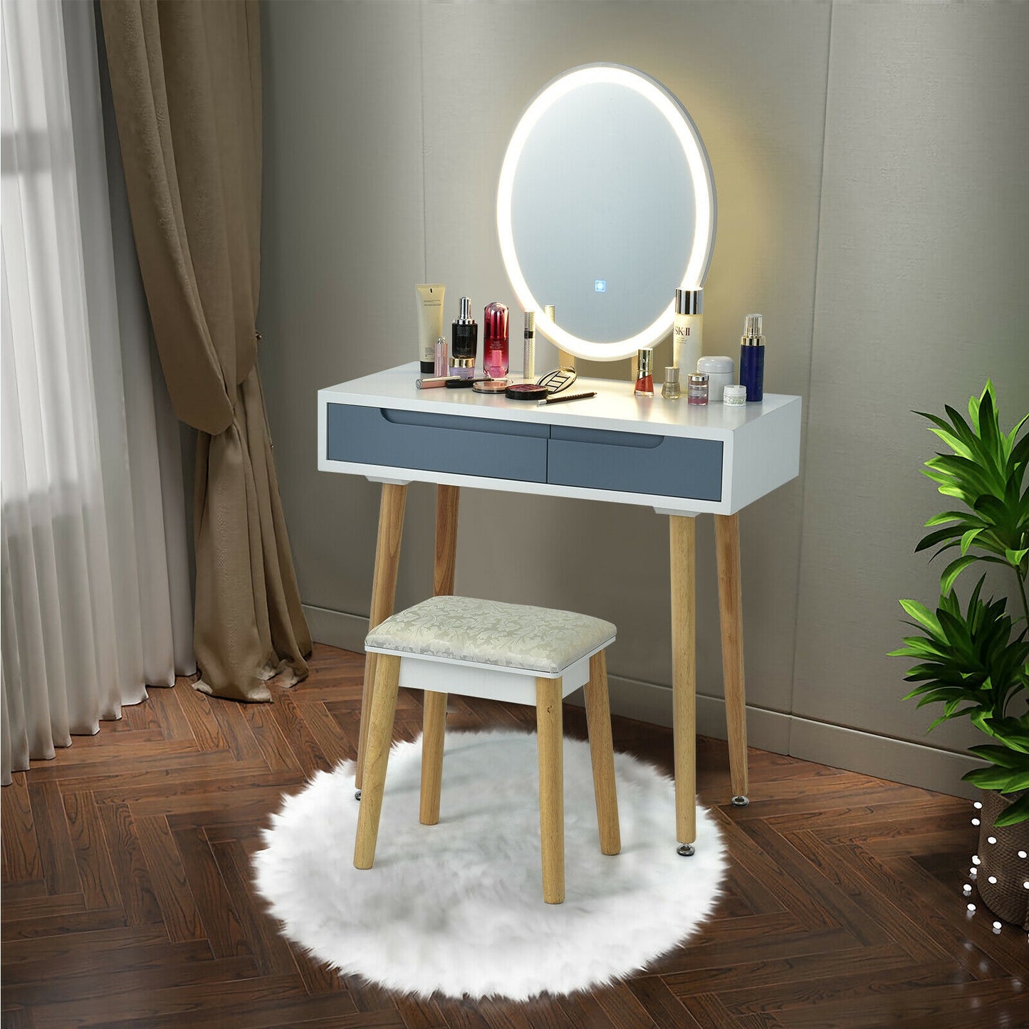 Touch Screen Vanity Makeup Table Set with 3-Color Dimmable LED Mirror and Cushioned Stool – Grey