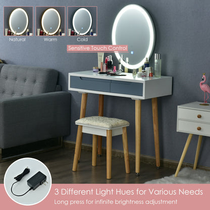 Touch Screen Vanity Makeup Table Set with 3-Color Dimmable LED Mirror and Cushioned Stool – Grey
