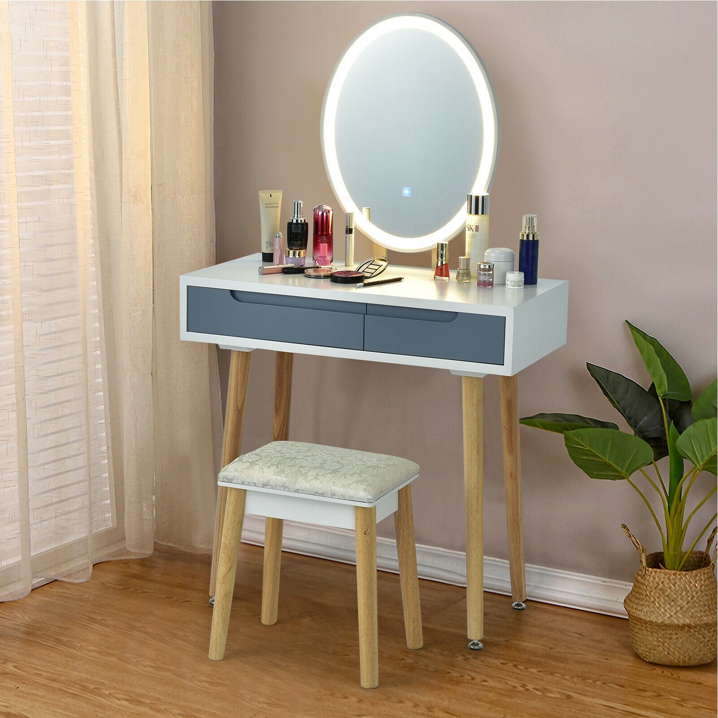 Touch Screen Vanity Makeup Table Set with 3-Color Dimmable LED Mirror and Cushioned Stool – Grey