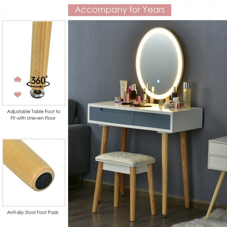 Touch Screen Vanity Makeup Table Set with 3-Color Dimmable LED Mirror and Cushioned Stool – Grey