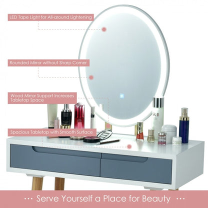 Touch Screen Vanity Makeup Table Set with 3-Color Dimmable LED Mirror and Cushioned Stool – Grey