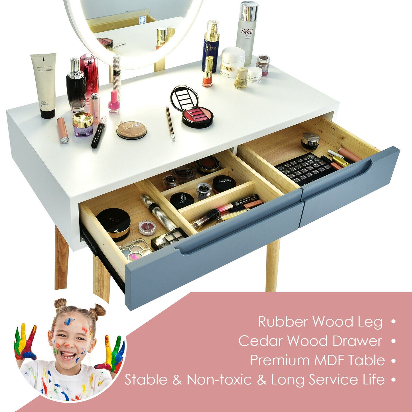 Touch Screen Vanity Makeup Table Set with 3-Color Dimmable LED Mirror and Cushioned Stool – Grey