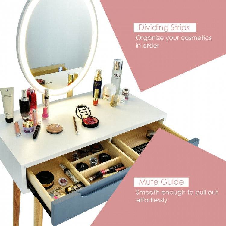 Touch Screen Vanity Makeup Table Set with 3-Color Dimmable LED Mirror and Cushioned Stool – Grey