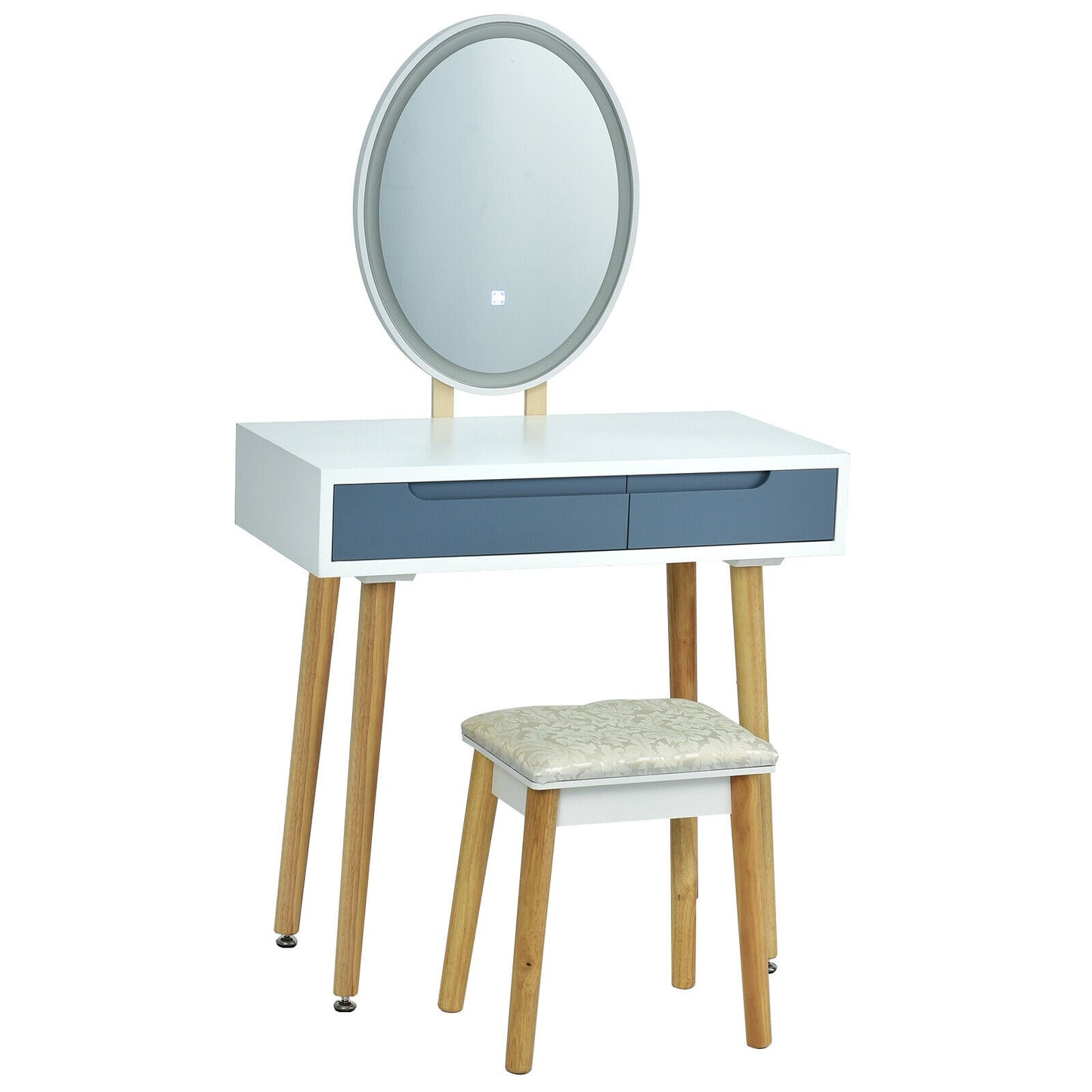Touch Screen Vanity Makeup Table Set with 3-Color Dimmable LED Mirror and Cushioned Stool – Grey