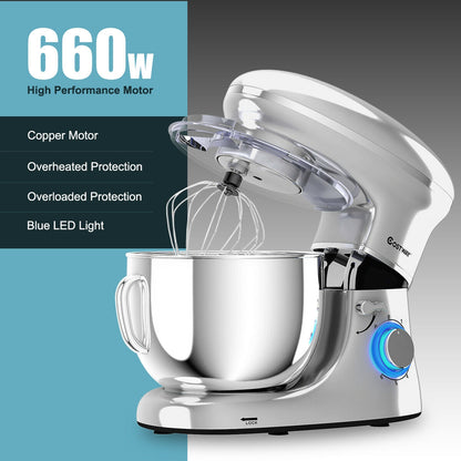 660W 6.3QT Tilt Head Stand Mixer with 6 Speed Control