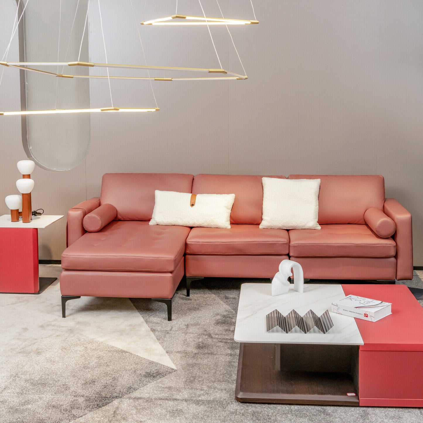 Modular L Shaped Sectional Sofa with Reversible Chaise USB Charging Ports and Hidden Storage in Pink