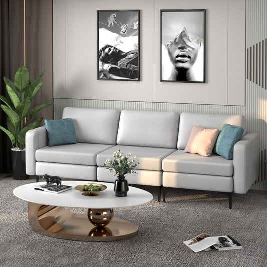 3 Seat Sofa Couch with Storage Armrest Pocket, Removable Cushions, and Metal Legs – Light Grey