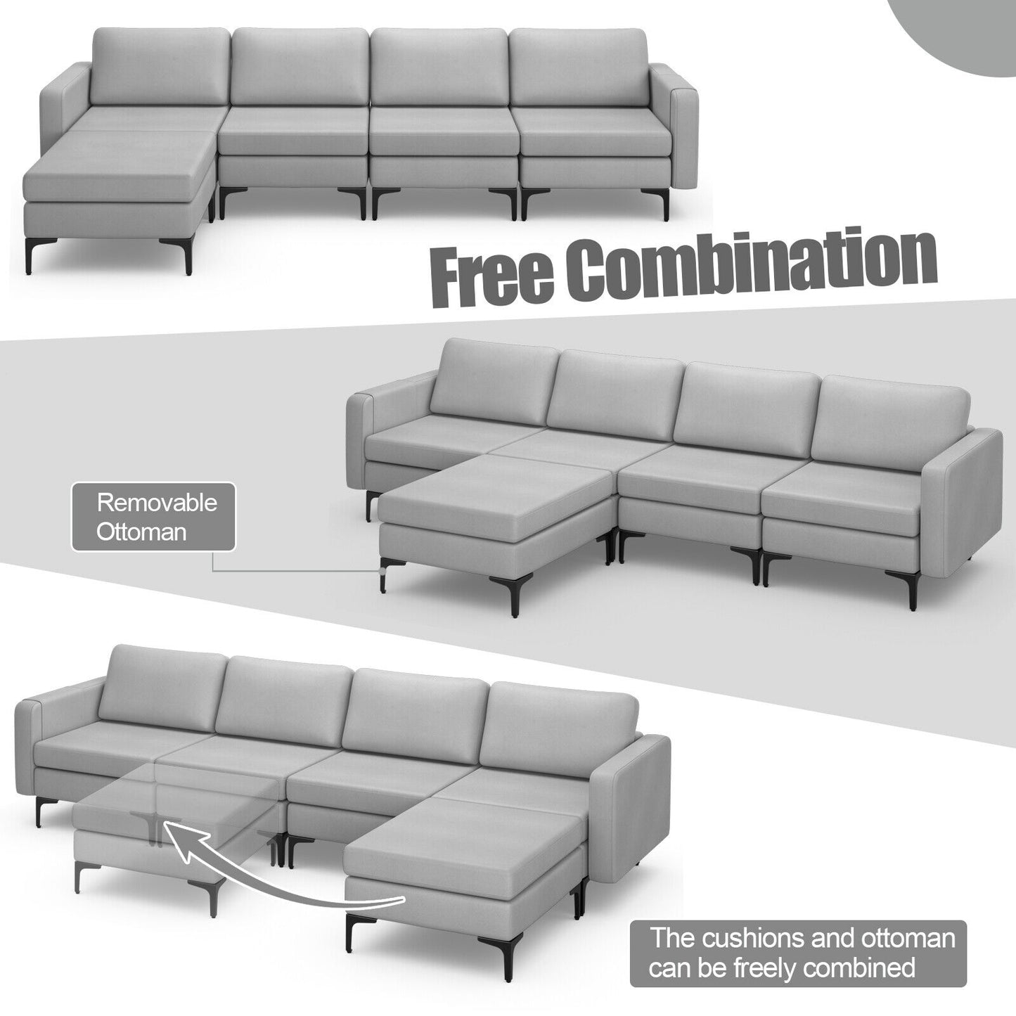 Modular L-Shaped Sectional Sofa with Reversible Ottoman, USB Ports, and Storage in Light Grey