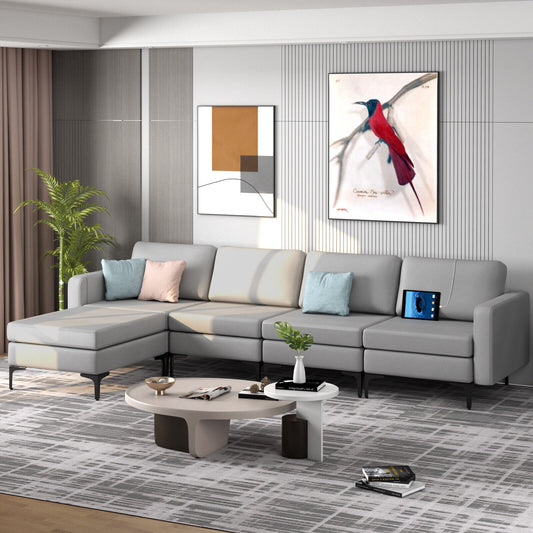 Modular L-Shaped Sectional Sofa with Reversible Ottoman, USB Ports, and Storage in Light Grey