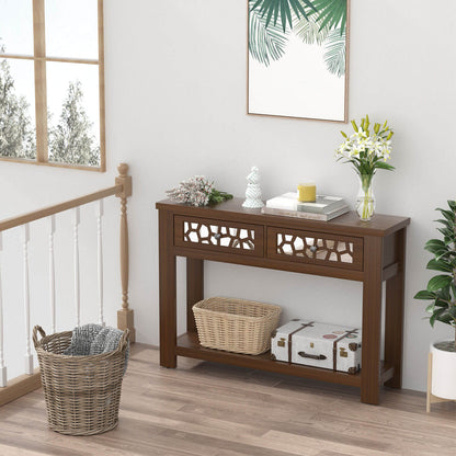 Modern 2-Tier Console Table with Mirrored Front, Drawers, and Open Storage Shelf - Brown