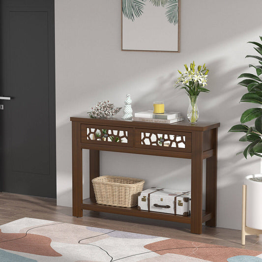 Modern 2-Tier Console Table with Mirrored Front, Drawers, and Open Storage Shelf - Brown